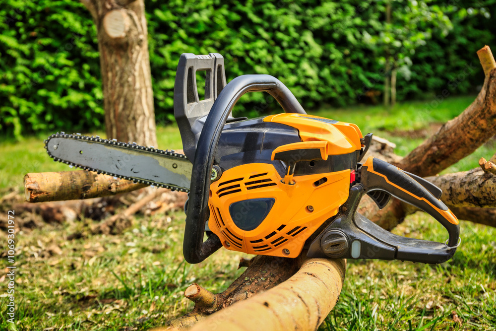 Cutting down a willow with a chainsaw in the garden. Cutting down a willow with a chainsaw in the garden.