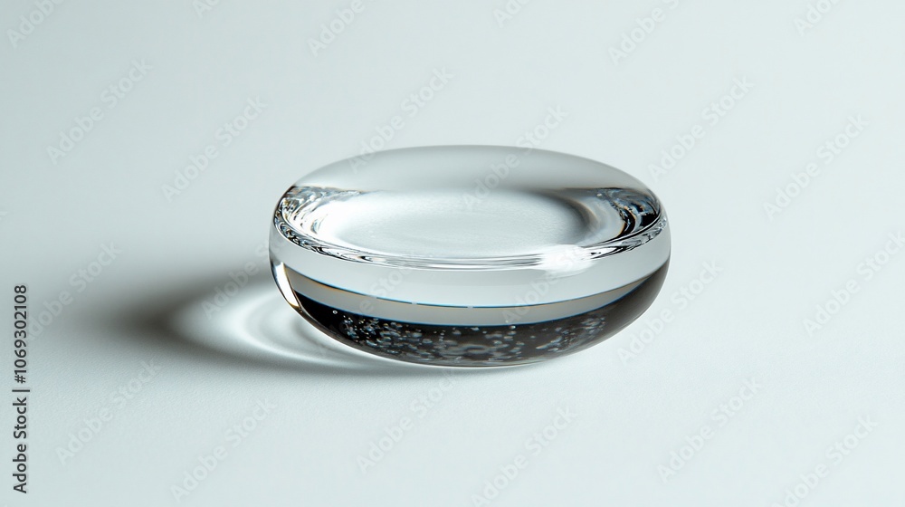 A clear glass dome with a thin layer of water on top, revealing black dust or particles underneath. A clear glass dome with a thin layer of water on top, revealing black dust or particles underneath.