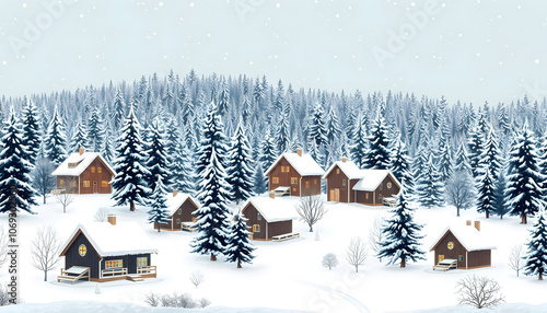 Seamless pattern with winter houses and trees. Winter lanscape