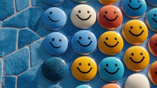 Colorful smiley face buttons on a blue tiled background