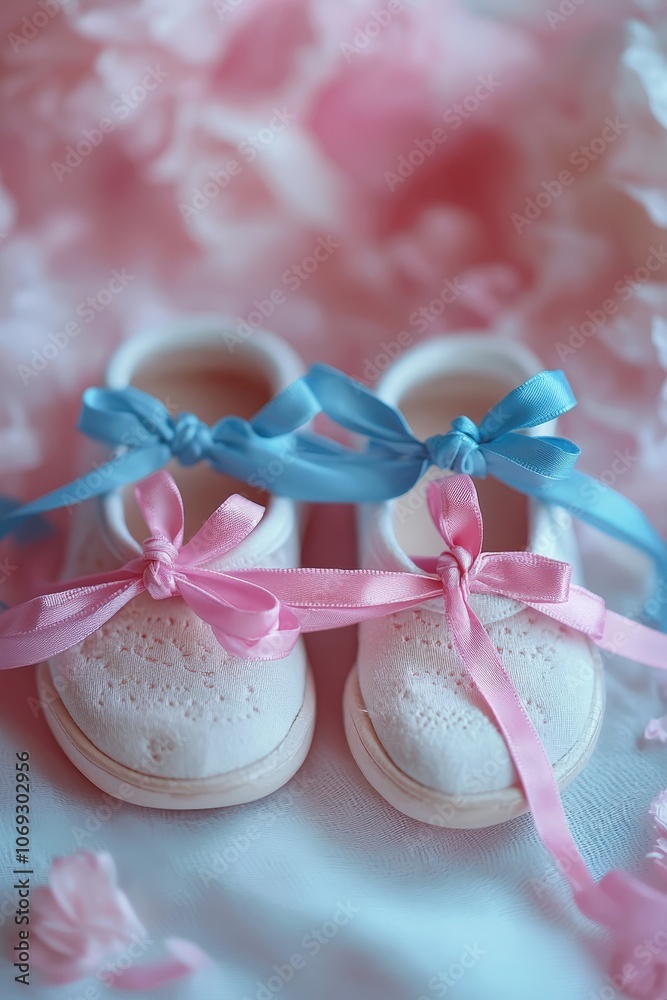 Baby shoes with pastel ribbons on soft floral background for a gender reveal