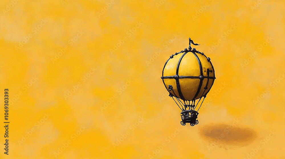 Obraz premium A depiction of a sunlit hot air balloon with avian occupant atop, set against a backdrop of golden hues