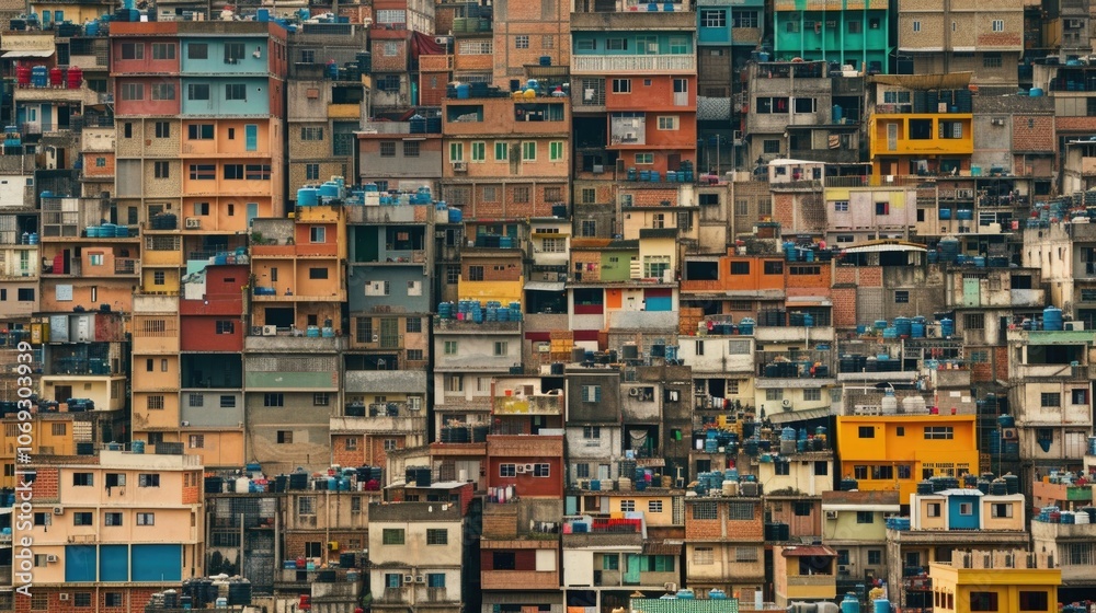 Fototapeta premium Vibrant urban landscape of a crowded cityscape showcasing colorful architecture and density