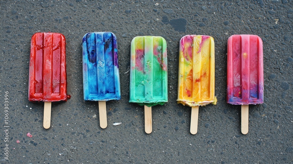 Colorful popsicles arranged on a surface, showcasing vibrant flavors and summer fun. Colorful popsicles arranged on a surface, showcasing vibrant flavors and summer fun.