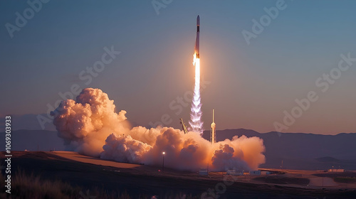 Rocket launch symbolizes advancements in space technology and exploration . illustration