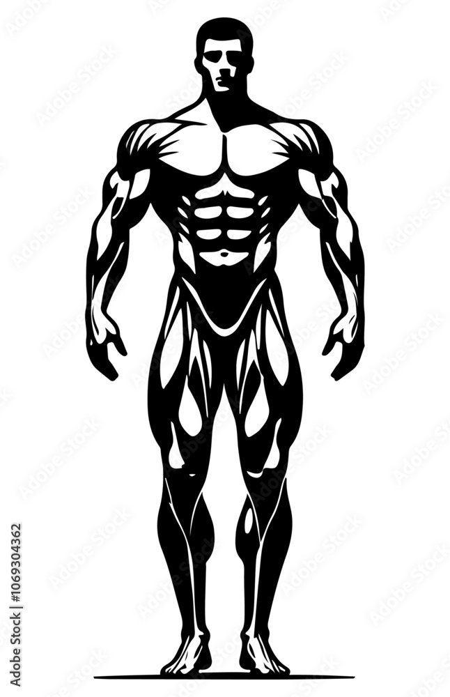 Fototapeta premium Athlete with Muscles: This vector showcases a muscular male figure, emphasising anatomical definition and balanced physique. The silhouette highlights muscular form and fitness