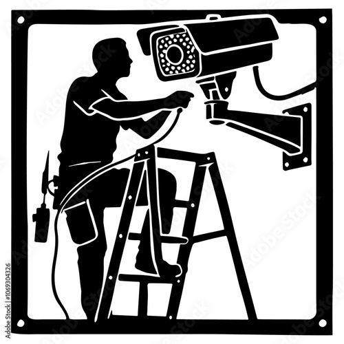 Technician Installing Security Camera:
This vector illustration depicts a technician on a ladder installing a surveillance camera, emphasizing security and professionalism