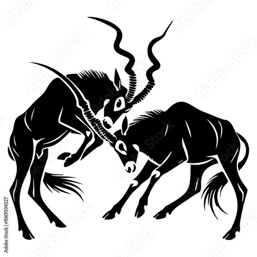 Two Greater Kudu antelopes battle in a dynamic fight pose