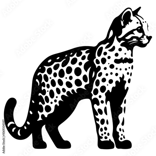 Geoffroy’s Cat:
This illustration features a stylized depiction of Geoffroy’s Cat, showcasing its spotted coat and elegant stance. The animal’s outline is simplified but retains distinctive features
