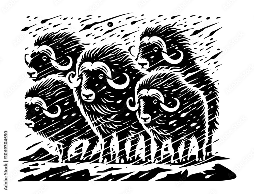 Obraz premium Herd of muskox braving a snowstorm, with textured fur and strong stances, capturing the harshness of Arctic life ¥