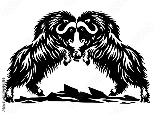 Muskox Fighting
A dramatic vector silhouette of two muskoxen clashing, with their powerful horns locked, symbolizing the primal battle of survival in the Arctic