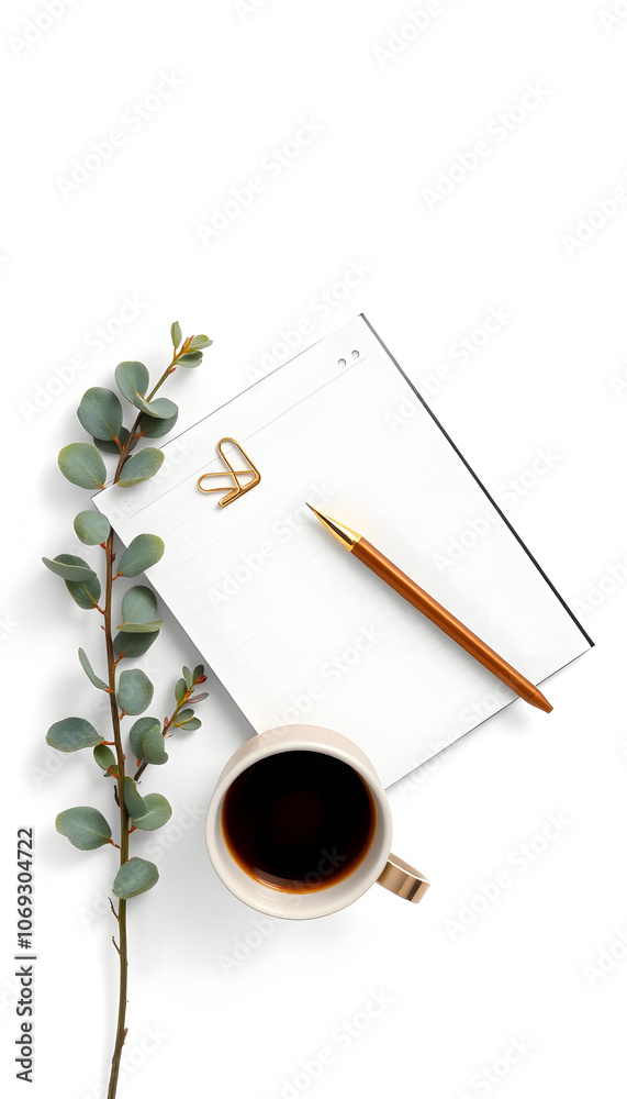 Business concept. Top view photo of workplace open notepad cup of coffee clips gold pen and eucalyptus sprig on isolated white background with blank space isolated with white highlights, png Business concept. Top view photo of workplace open notepad cup of coffee clips gold pen and eucalyptus sprig on isolated white background with blank space isolated with white highlights, png