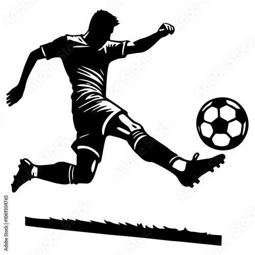 Soccer Player Tackling Ball
A stylized vector silhouette of a soccer player mid-action, tackling a ball, capturing the movement and intensity of the sport.