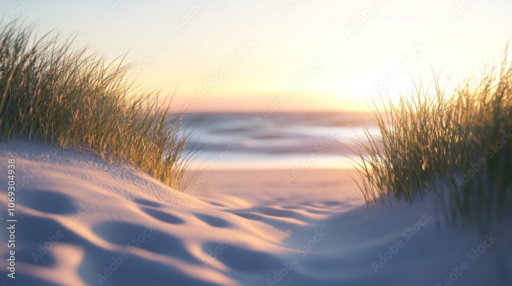 A serene beach scene with golden sand, tall grass, and a gentle sea breeze. A serene beach scene with golden sand, tall grass, and a gentle sea breeze.
