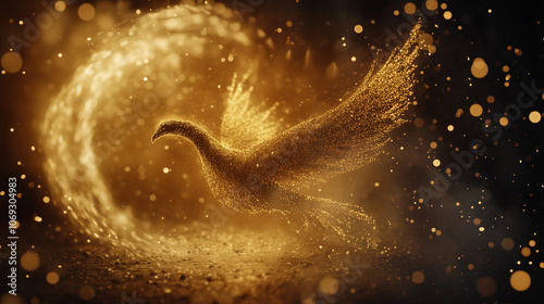 Golden bird made of sparkling particles on black background 