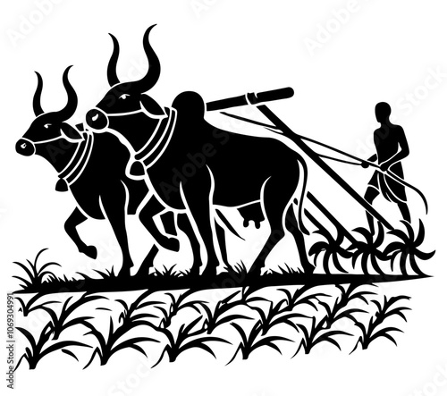 Zebu Indicine Cattle Plowing Fields
A traditional farming scene depicted in a black-and-white vector, showing a farmer with Zebu cattle plowing fields.