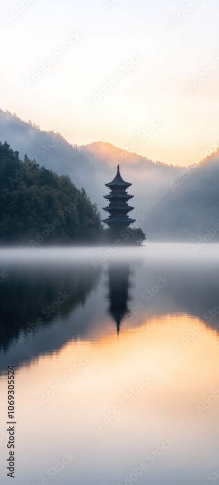 Fototapeta premium A serene landscape featuring a traditional pagoda reflecting in a calm lake, shrouded in morning mist, Ideal for travel guides, meditation materials, or cultural presentations,
