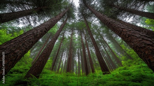 Towering pine trees reaching up to the sky in a lush, green forest