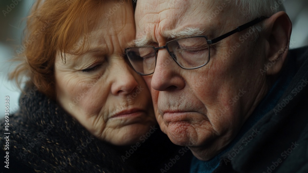Senior couple embracing with sad expressions. Senior couple embracing with sad expressions.