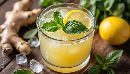 Refreshing ginger lemon cocktail with mint and ice