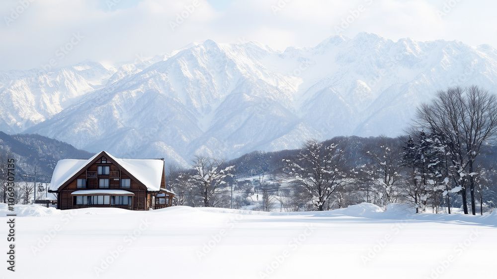 Fototapeta premium 積雪に包まれた白馬のスキーロッジ