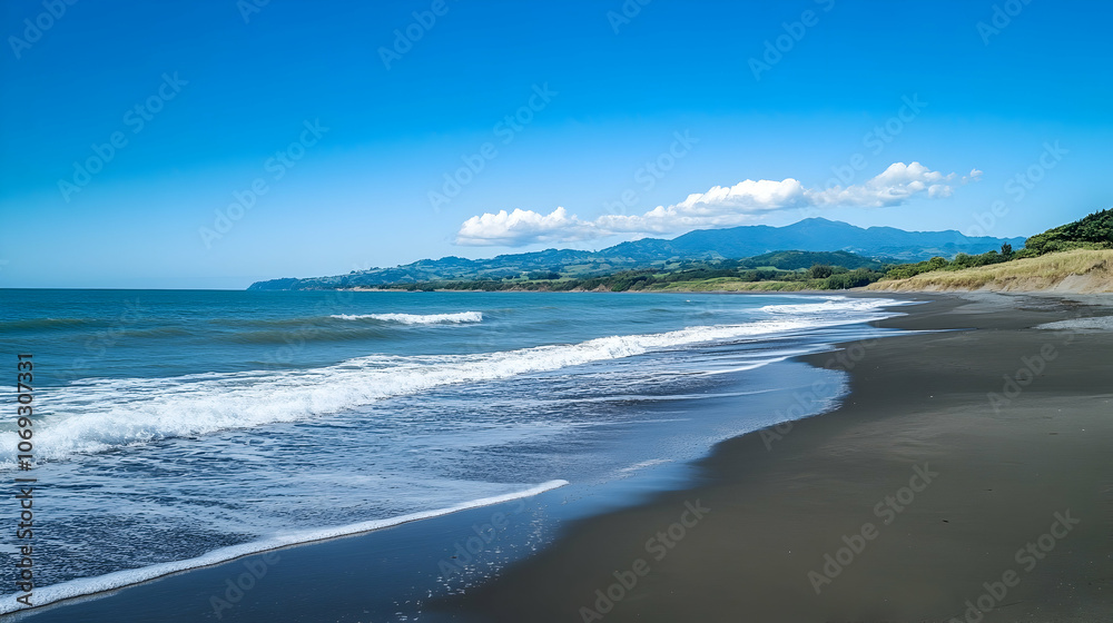 Tranquil beach with gentle waves and clear blue skies during summer day. 4k image Tranquil beach with gentle waves and clear blue skies during summer day. 4k image