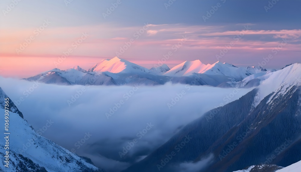 peaceful winter mountains covered in snow and mist, pastel dawn light over tranquil landscape peaceful winter mountains covered in snow and mist, pastel dawn light over tranquil landscape
