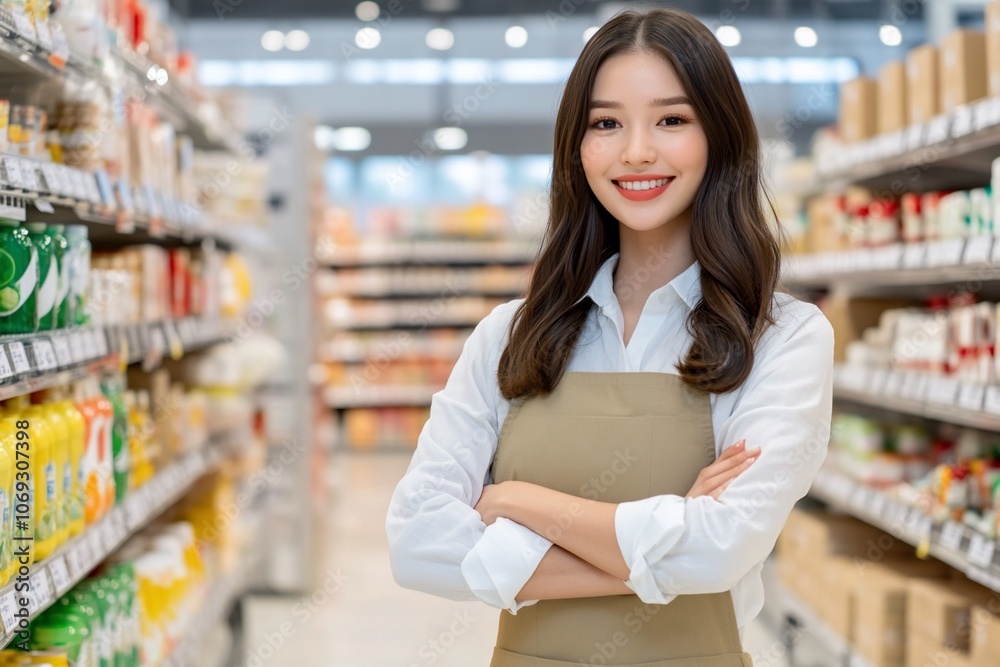 A smiling woman in an apron stands confidently in a grocery store aisle. A smiling woman in an apron stands confidently in a grocery store aisle.
