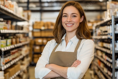 Smiling woman in an apron stands confidently in a store aisle.