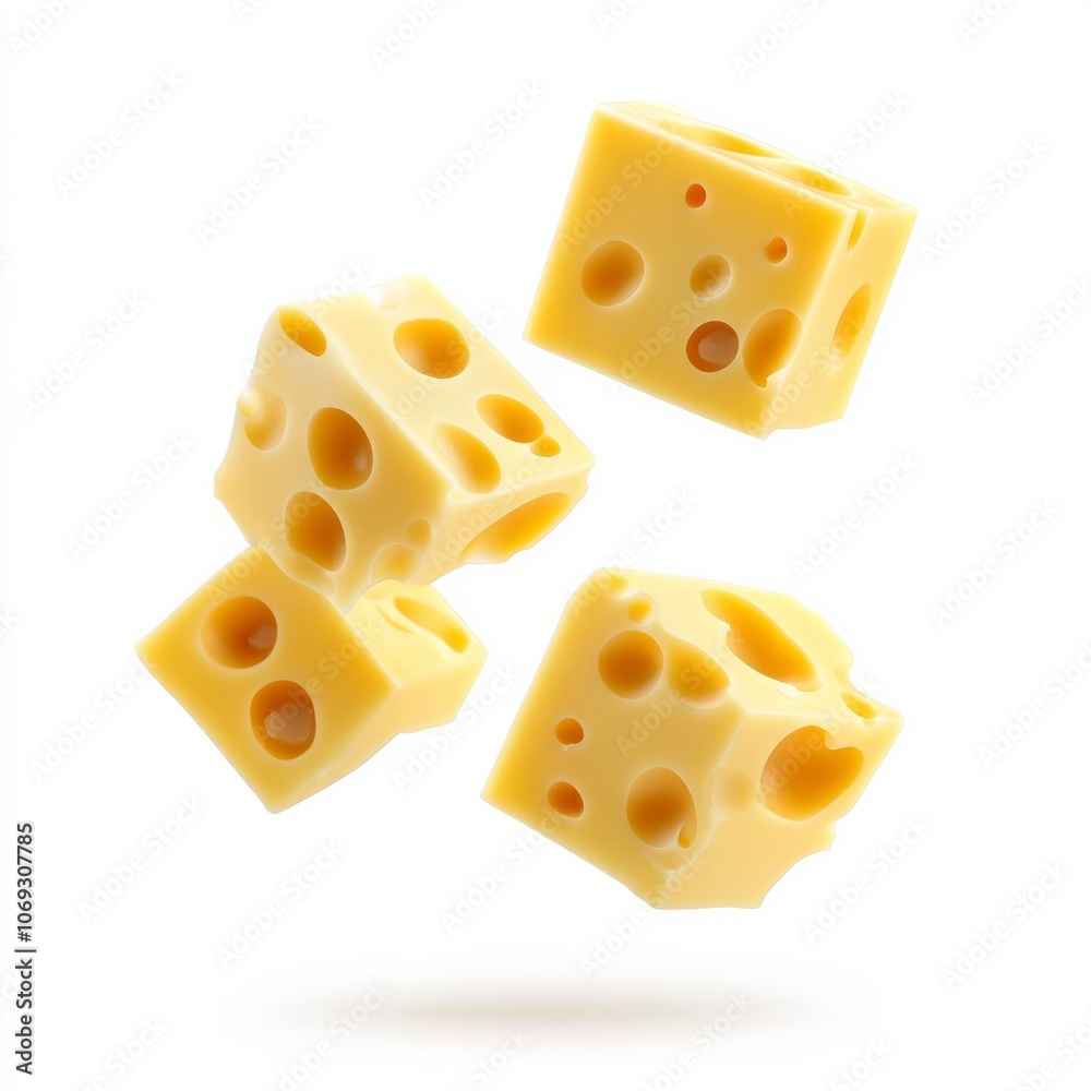 Small cubes of cheese with holes floating in the air, against a white background. You can easily cut them out and use them in other images. Small cubes of cheese with holes floating in the air, against a white background. You can easily cut them out and use them in other images.