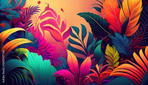 stylized abstract rainforest scene with vibrant magenta and teal leaves, modern tropical jungle with bold colors and exotic foliage for art and design photo