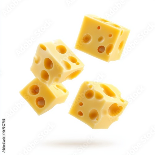 Small cubes of cheese with holes floating in the air, against a white background. You can easily cut them out and use them in other images.