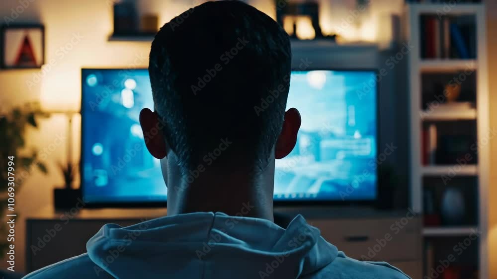 A person sits in front of a television and watches a program in a dimly lit room A person sits in front of a television and watches a program in a dimly lit room