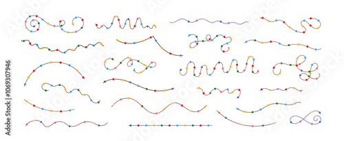 Christmas colorful multicolored lights curly string garlands set simple doodle hand drawn vector illustration, flat style cartoon image for winter New Year holiday, birthday events design