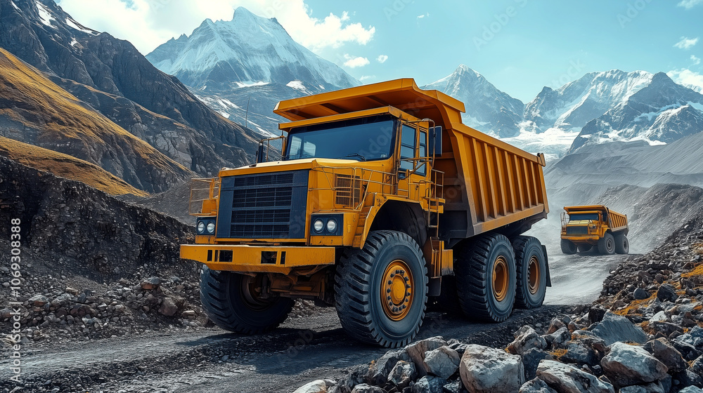 Large mining dump trucks working in high altitude mountain mine Large mining dump trucks working in high altitude mountain mine