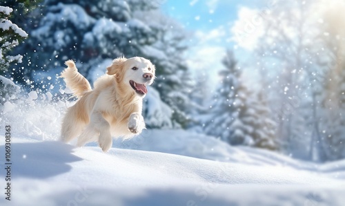 A golden retriever joyfully running through a snowy landscape.