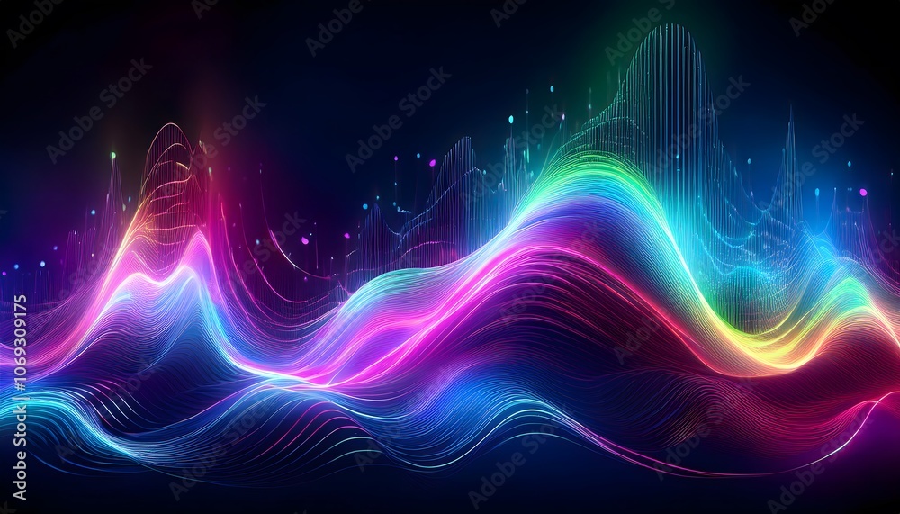 vibrant sound waves and glowing digital flow, abstract audio visualizer in neon colors with fluid movement vibrant sound waves and glowing digital flow, abstract audio visualizer in neon colors with fluid movement