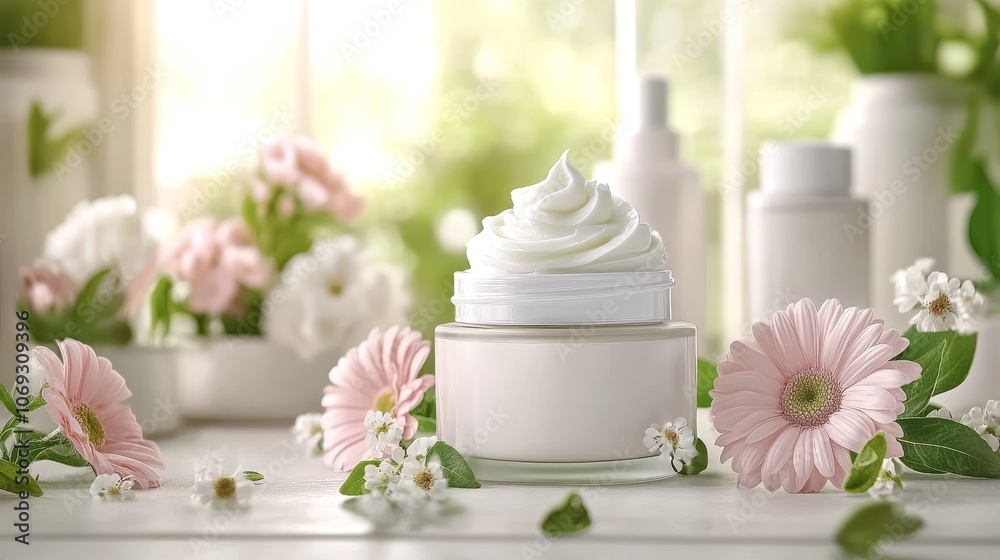 Luxurious white skincare cream jar surrounded by soft floral arrangements in a serene natural setting representing beauty wellness and relaxation in a glowing environment