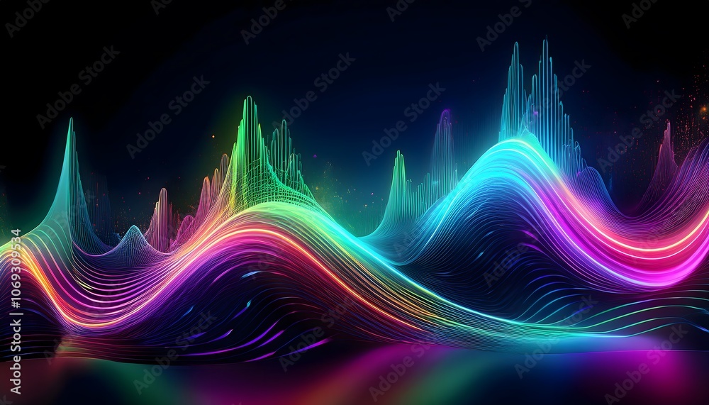 glowing sound waves in neon colors, abstract futuristic interpretation of audio and light in motion glowing sound waves in neon colors, abstract futuristic interpretation of audio and light in motion