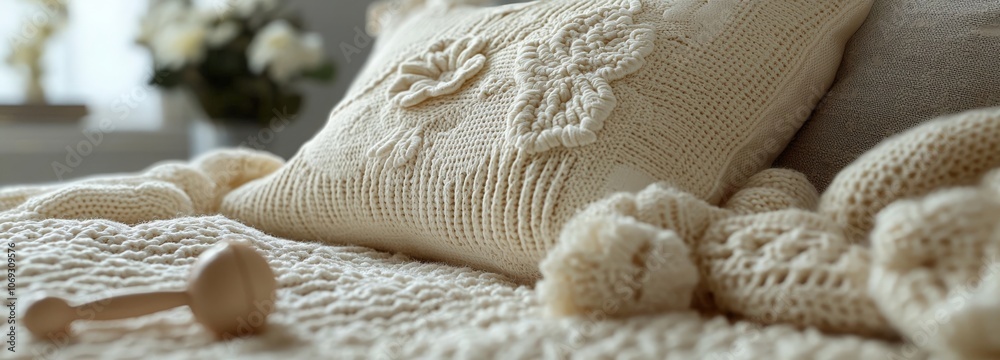 Cozy knitted blanket and decorative pillow in a softly lit living room Cozy knitted blanket and decorative pillow in a softly lit living room