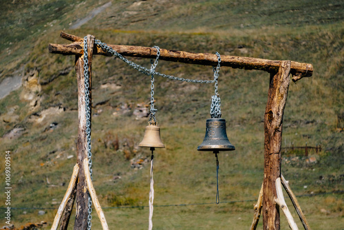 Bells used by nuns and monks of the Abano Monastery in the Truso Gorge in Kazbegi mountains region of Georgia