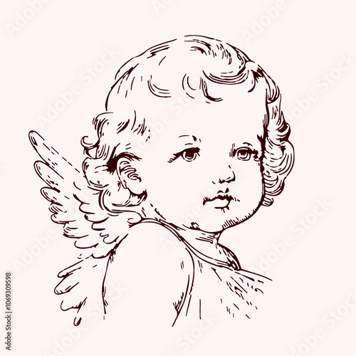 Baby angel with wings. Engraving etching art. 