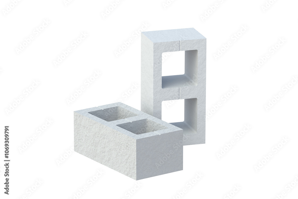 Rough concrete blocks isolated on white background. Construction cinder brick with holes. Building material. 3d render Rough concrete blocks isolated on white background. Construction cinder brick with holes. Building material. 3d render