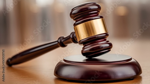 Photograph of a classic wooden judge's gavel with metal gold band, resting on a wooden sound block.  For legal publications, websites and justice related design projects. photo