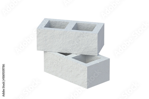 Stack of rough concrete blocks isolated on white background. Construction cinder brick with holes. Building material. 3d render