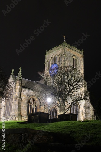 St Mary's Church, Scarborough, by night.