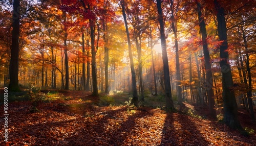  golden autumn forest bathed in morning sunlight, warm hues of orange, yellow, and red leaves