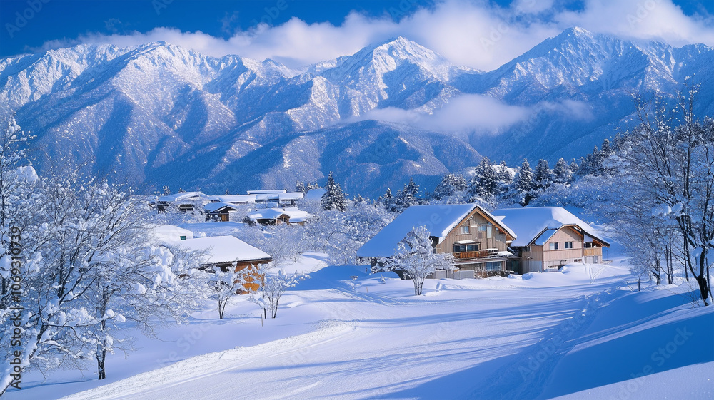 Fototapeta premium 雪に輝く白馬の静かな朝