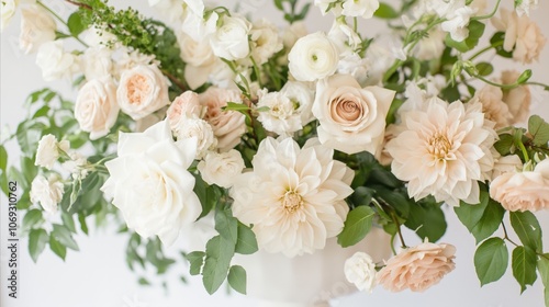 Delicate floral arrangement of soft white and blush flowers with green leaves on a light background. Concept of elegance, romance, and springtime 