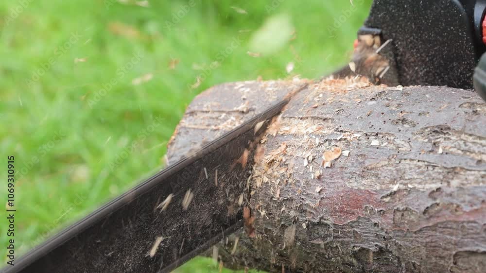 A man - Lumberjack in a black and red checkered shirt sawing a chainsaw in the garden. A man - Lumberjack in a black and red checkered shirt sawing a chainsaw in the garden.